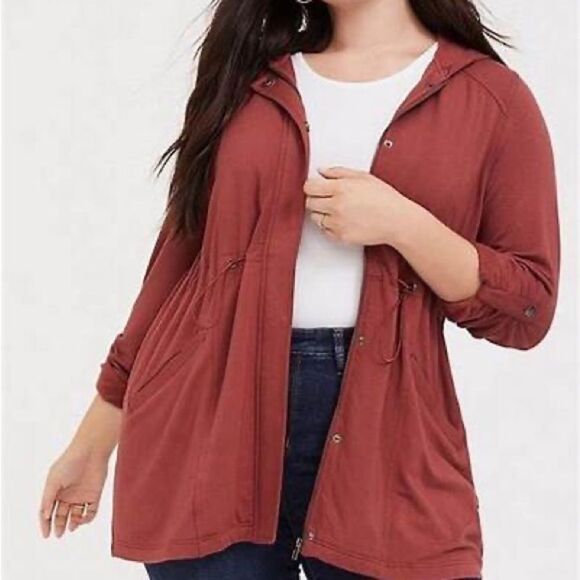 Torrid Brick Red Fleece Hooded Anorak Jacket Coat Size 0 12 Large - Picture 2 of 8